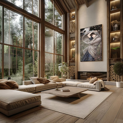 This captivating artwork captures a moment of serene beauty, as a woman stands gracefully amidst a for Living Room