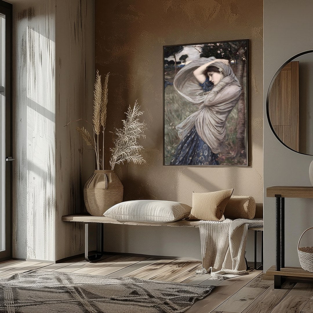 This captivating artwork captures a moment of serene beauty, as a woman stands gracefully amidst a for lovely-house