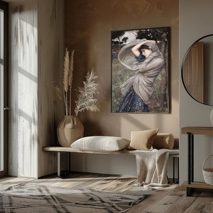 This captivating artwork captures a moment of serene beauty, as a woman stands gracefully amidst a for lovely-house