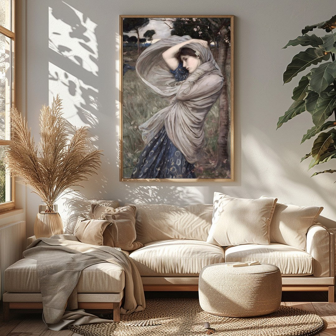 This captivating artwork captures a moment of serene beauty, as a woman stands gracefully amidst a for Sitting Area