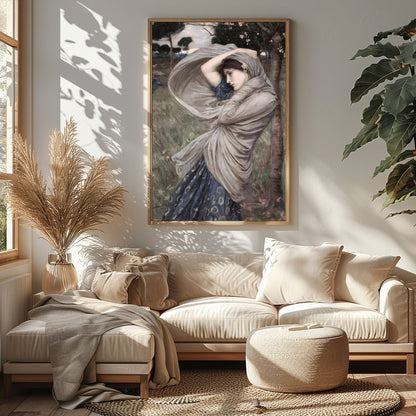 This captivating artwork captures a moment of serene beauty, as a woman stands gracefully amidst a for Sitting Area
