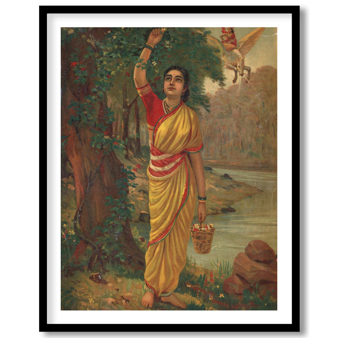 Immerse yourself in the timeless beauty of this captivating artwork depicting a serene figure in a for dwelling