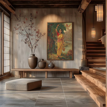 Immerse yourself in the timeless beauty of this captivating artwork depicting a serene figure in a for Hall