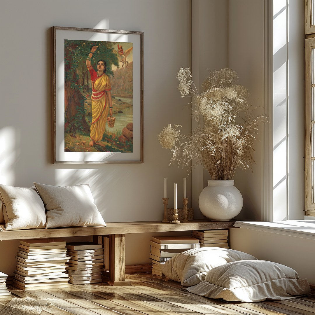 Immerse yourself in the timeless beauty of this captivating artwork depicting a serene figure in a for house