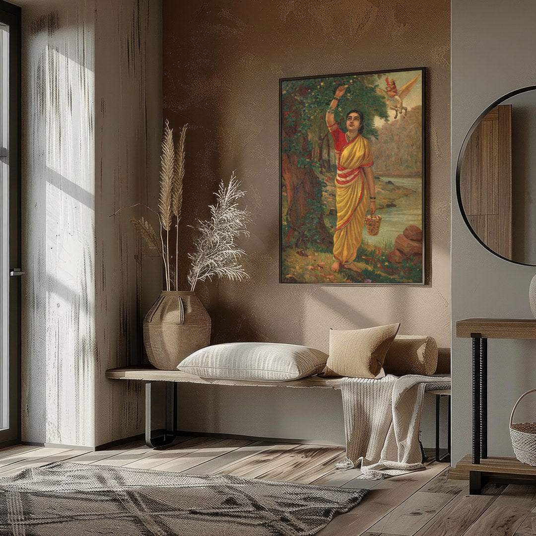 Immerse yourself in the timeless beauty of this captivating artwork depicting a serene figure in a for place