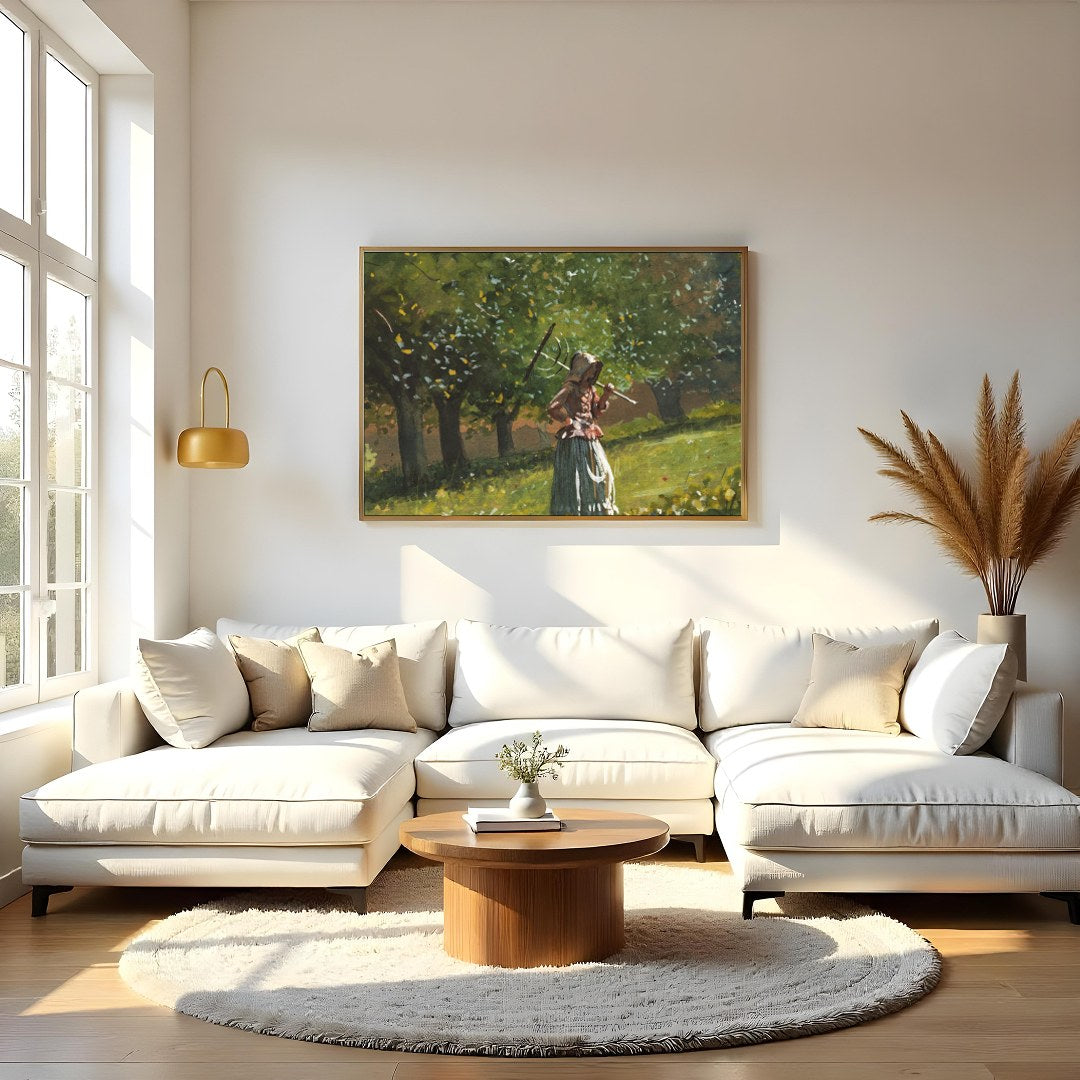 Experience the peaceful allure of 'Serenity in the Orchard,' a captivating watercolor painting that for Living Room