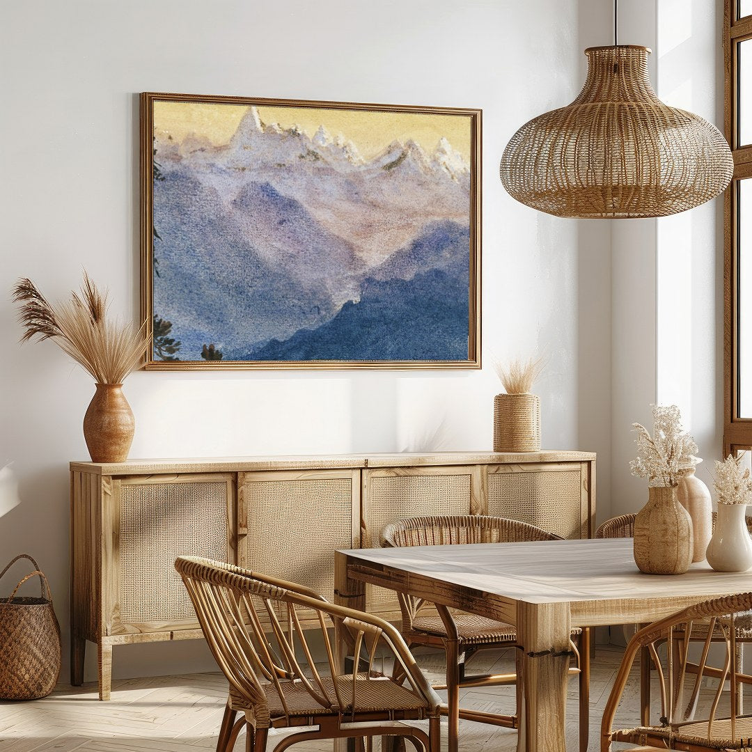 Immerse yourself in the tranquil beauty of 'Serenity in the Peaks,' a stunning depiction of for Dining