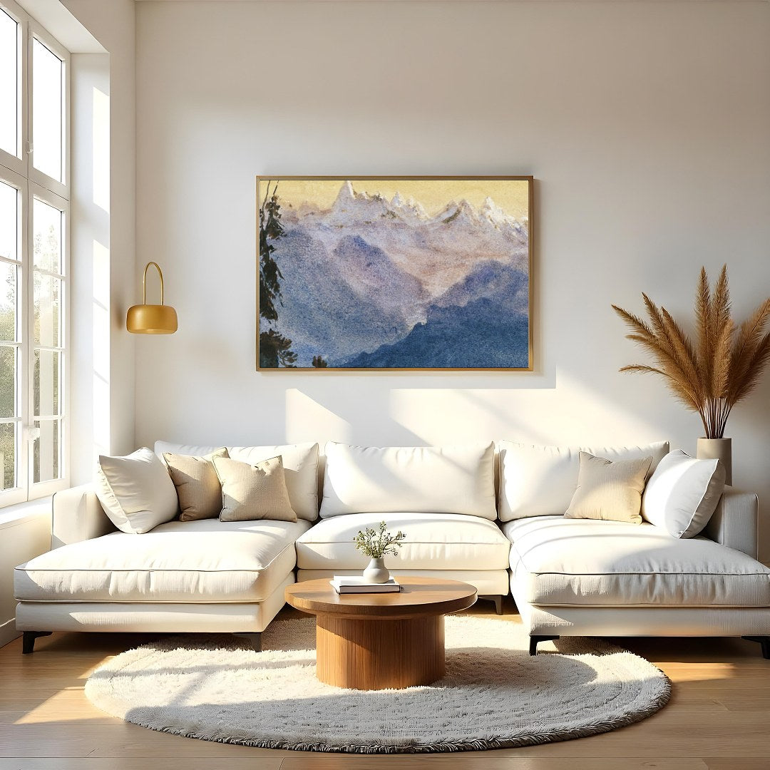 Immerse yourself in the tranquil beauty of 'Serenity in the Peaks,' a stunning depiction of for Living Room