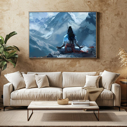 Experience the tranquility of nature with this captivating piece featuring a lone figure meditating for Family Room