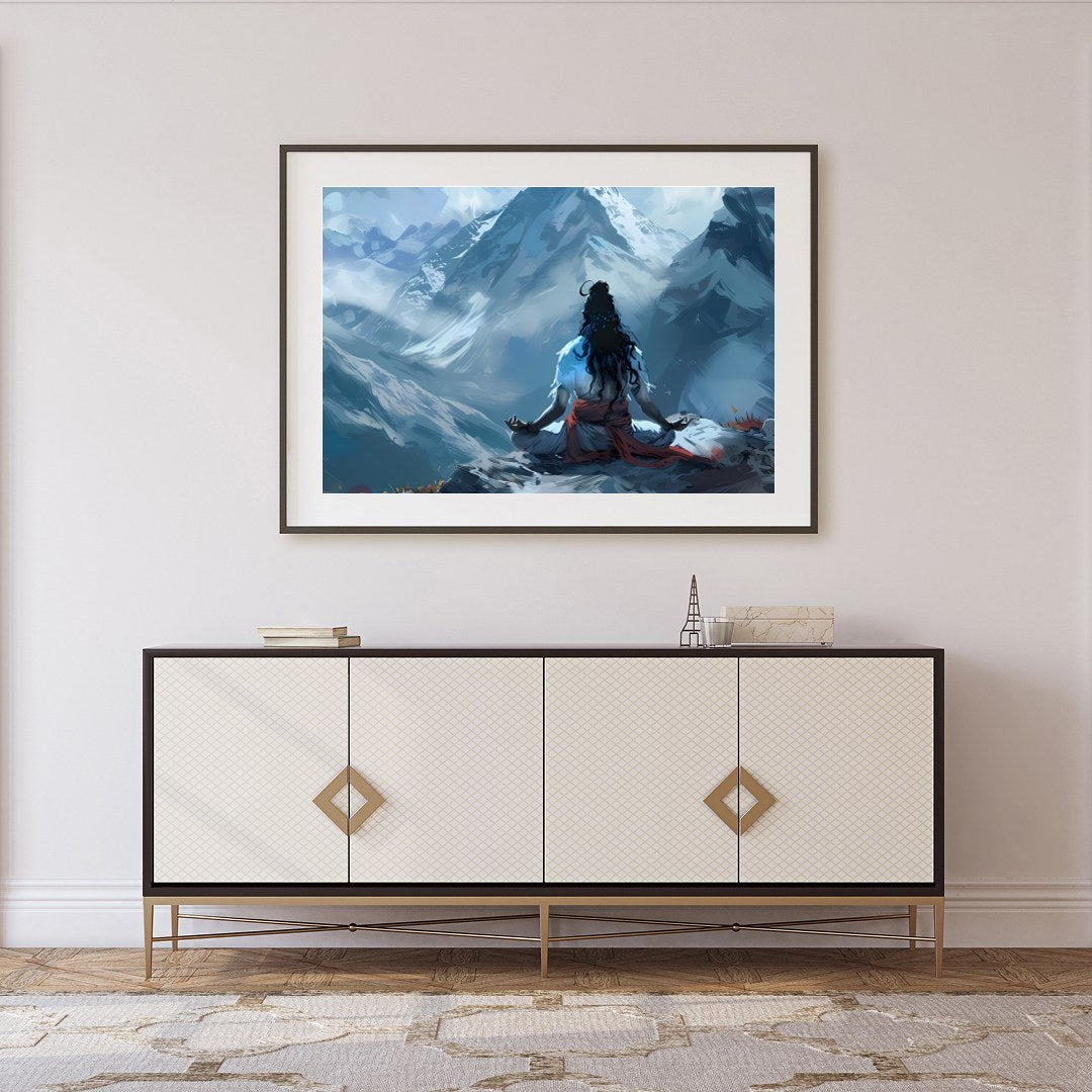Experience the tranquility of nature with this captivating piece featuring a lone figure meditating for Foyer