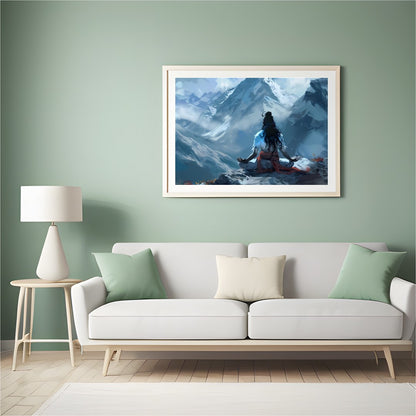 Experience the tranquility of nature with this captivating piece featuring a lone figure meditating for Hall