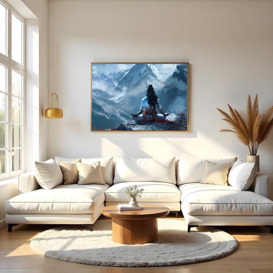Experience the tranquility of nature with this captivating piece featuring a lone figure meditating for Living Room