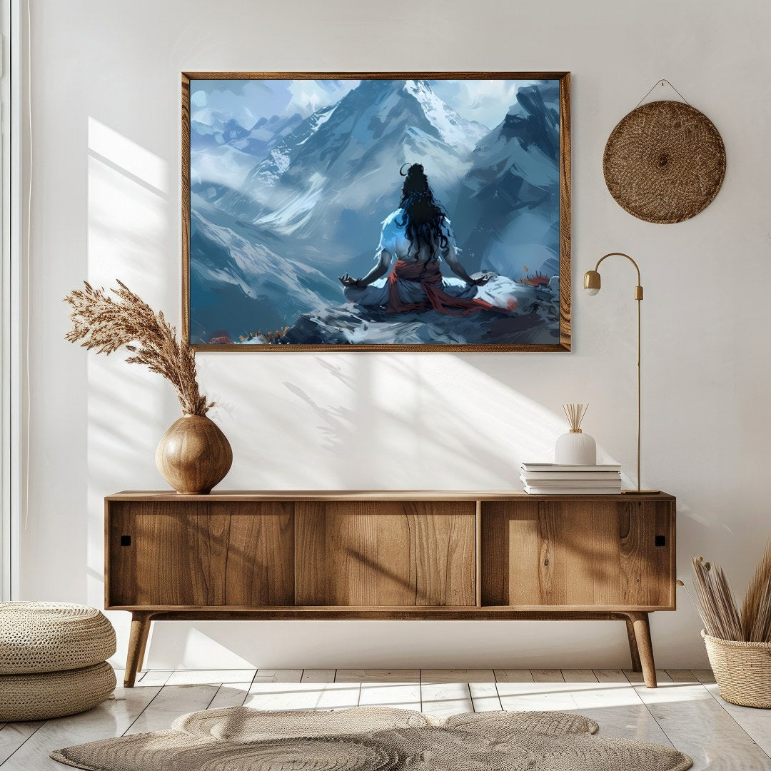 Experience the tranquility of nature with this captivating piece featuring a lone figure meditating for Sitting Area