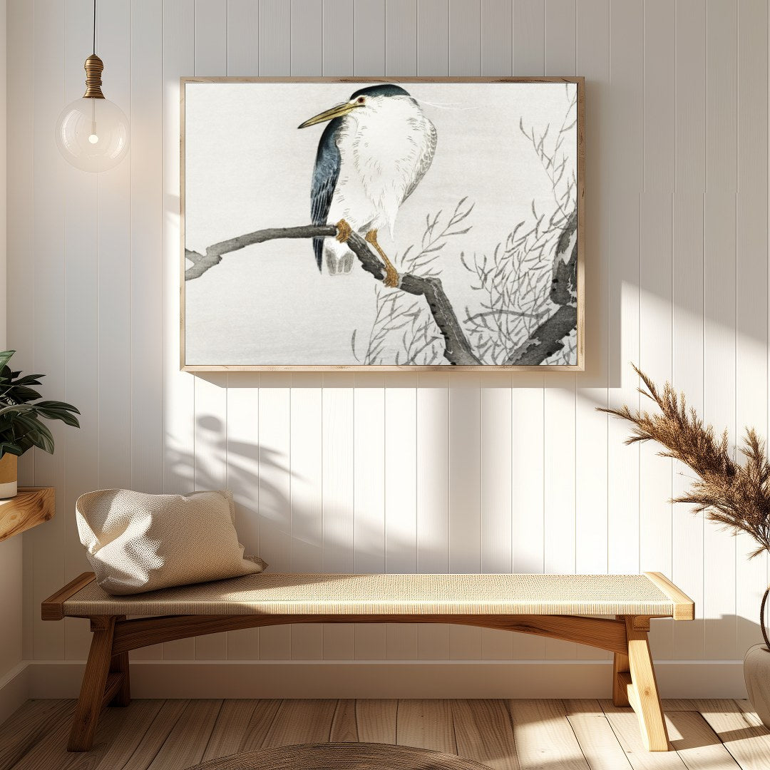 This exquisite artwork captures the tranquil beauty of a heron perched gracefully on a bare branch, for Hallway