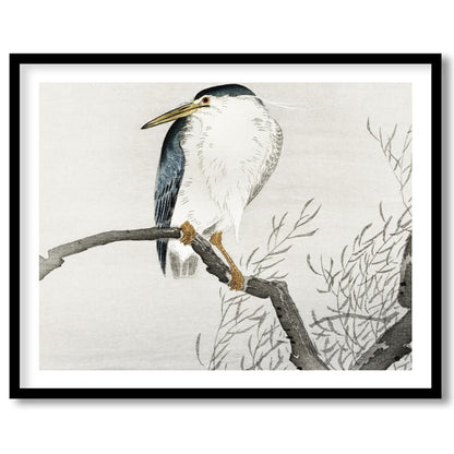 This exquisite artwork captures the tranquil beauty of a heron perched gracefully on a bare branch, for home