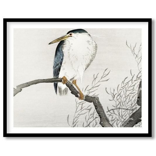 This exquisite artwork captures the tranquil beauty of a heron perched gracefully on a bare branch, for home