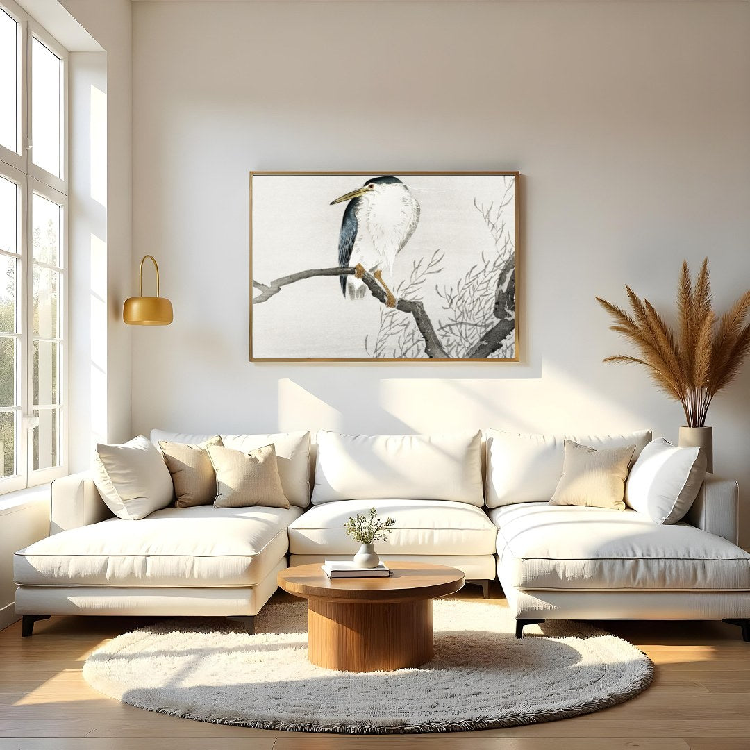 This exquisite artwork captures the tranquil beauty of a heron perched gracefully on a bare branch, for Living Room