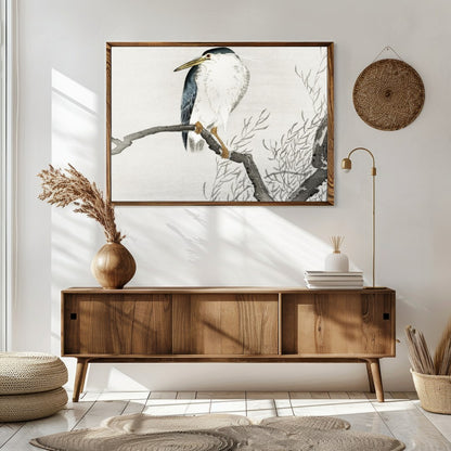 This exquisite artwork captures the tranquil beauty of a heron perched gracefully on a bare branch, for Sitting Area