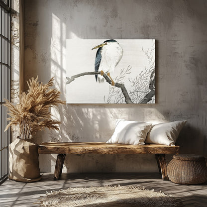 This exquisite artwork captures the tranquil beauty of a heron perched gracefully on a bare branch, for Veranda