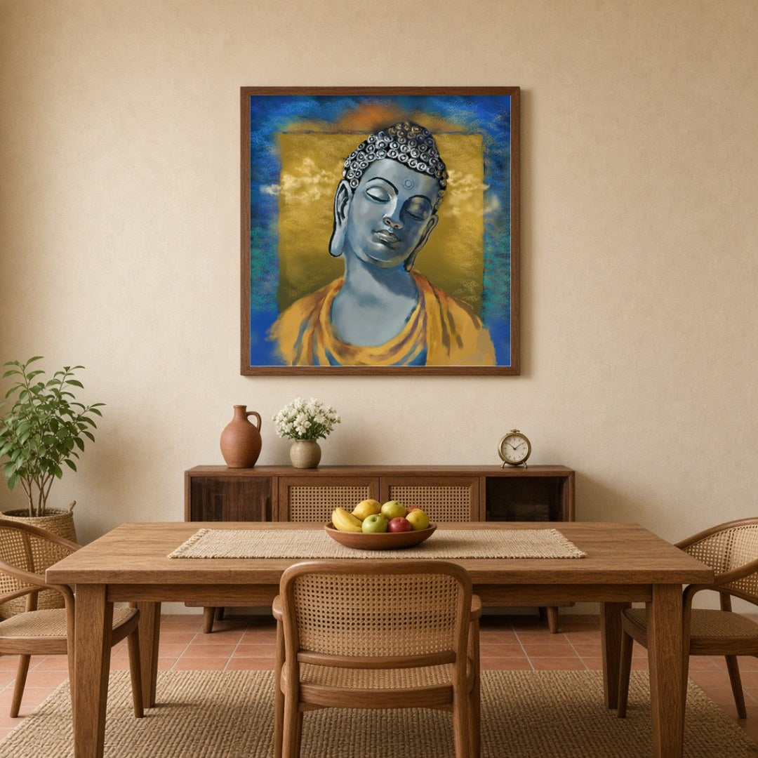 Immerse your space in tranquility with this serene depiction of the Buddha, capturing a peaceful for Dining