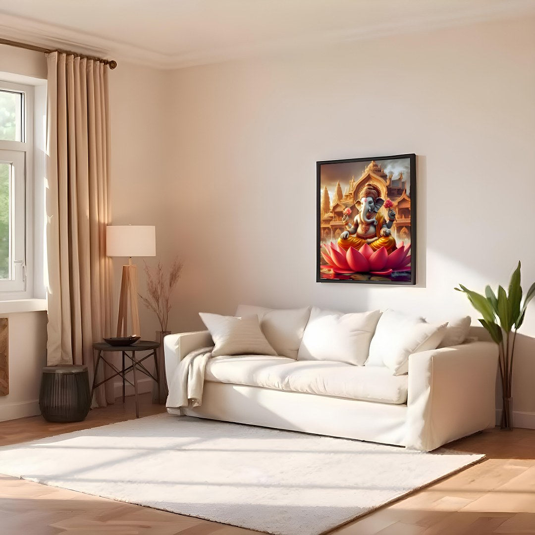 Immerse yourself in the tranquility of this exquisite artwork featuring Lord Ganesh seated amidst for Family Room