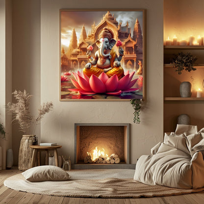 Immerse yourself in the tranquility of this exquisite artwork featuring Lord Ganesh seated amidst for Hall