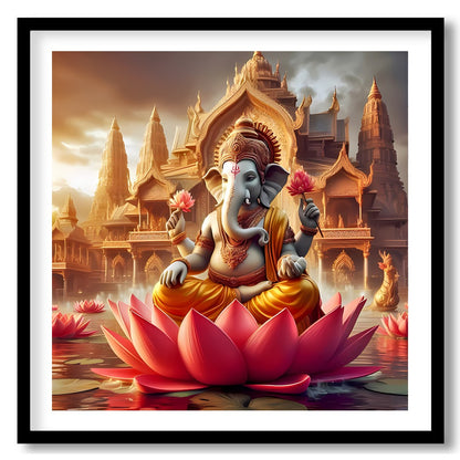 Immerse yourself in the tranquility of this exquisite artwork featuring Lord Ganesh seated amidst for haven