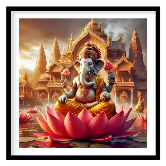 Immerse yourself in the tranquility of this exquisite artwork featuring Lord Ganesh seated amidst for haven