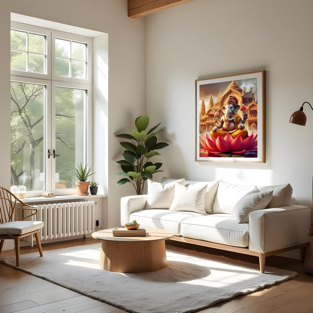 Immerse yourself in the tranquility of this exquisite artwork featuring Lord Ganesh seated amidst for Living Room