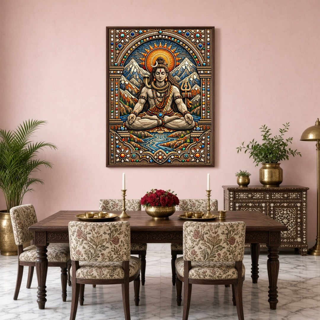 Immerse yourself in the divine tranquility of Lord Shiva depicted in this magnificent artwork. for Dining