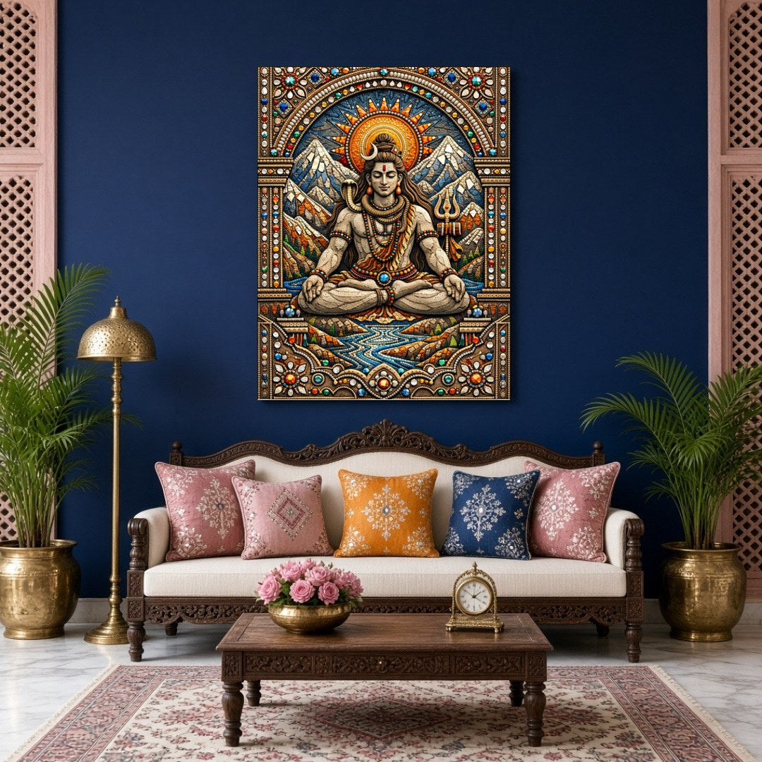 Immerse yourself in the divine tranquility of Lord Shiva depicted in this magnificent artwork. for Living Room