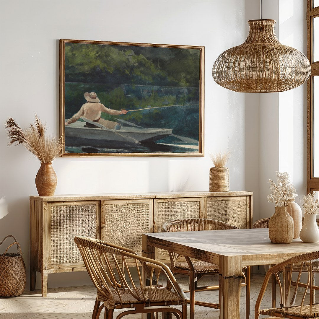 Immerse yourself in the calming and reflective scene of a lone fisherman casting his line amidst for Dining