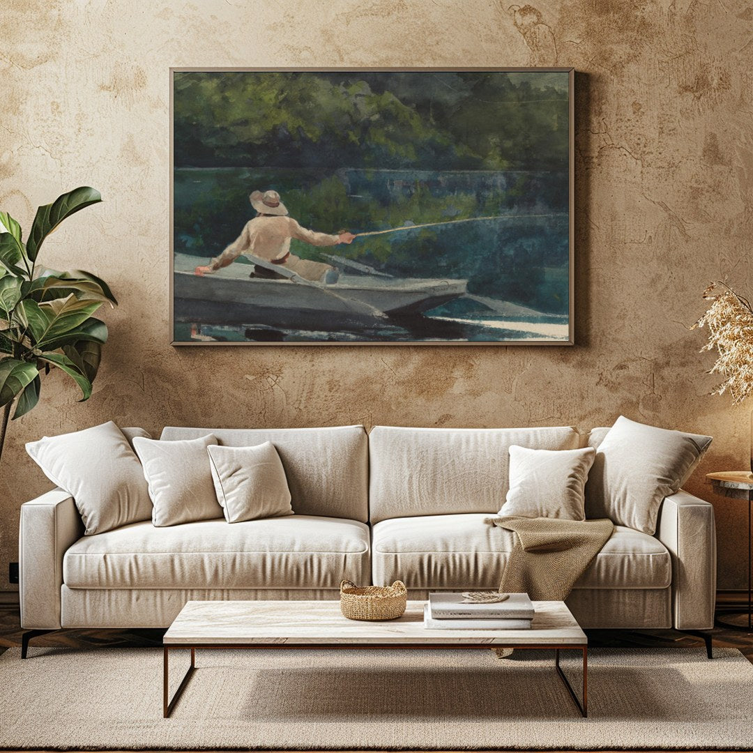 Immerse yourself in the calming and reflective scene of a lone fisherman casting his line amidst for Family Room