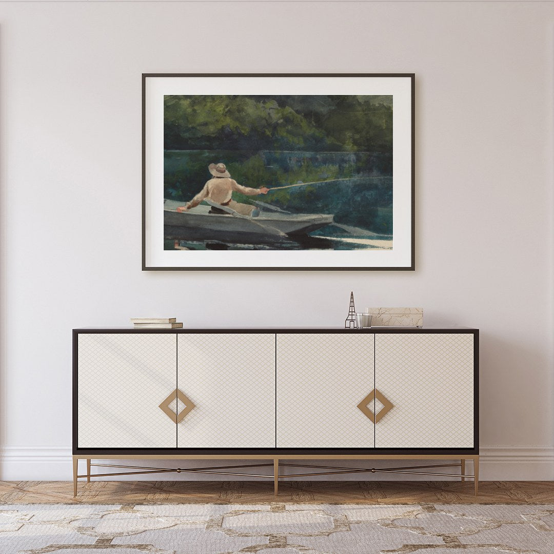 Immerse yourself in the calming and reflective scene of a lone fisherman casting his line amidst for Foyer