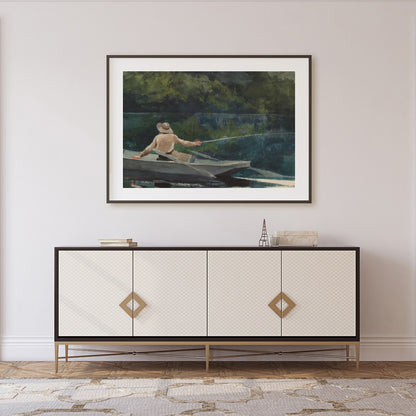 Immerse yourself in the calming and reflective scene of a lone fisherman casting his line amidst for Foyer