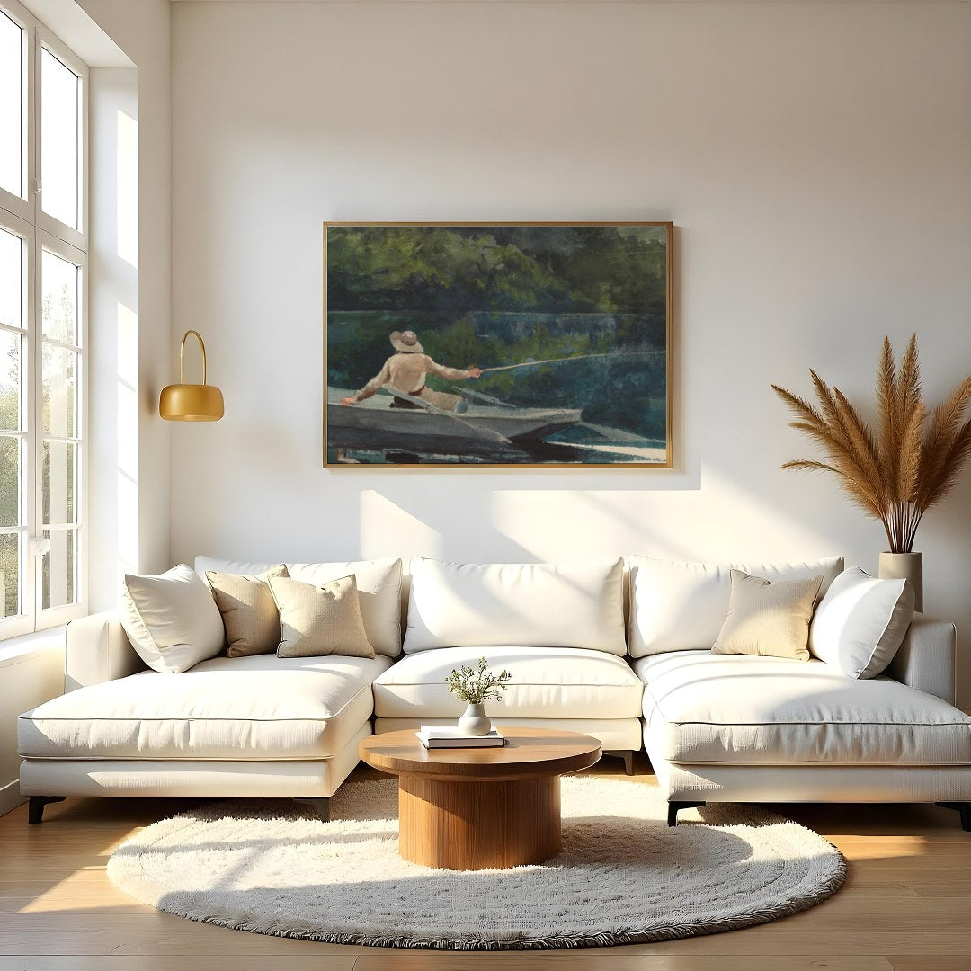 Immerse yourself in the calming and reflective scene of a lone fisherman casting his line amidst for Living Room