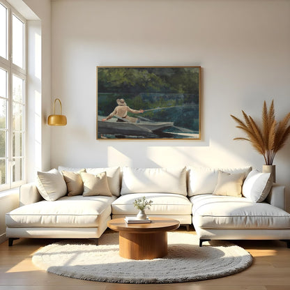 Immerse yourself in the calming and reflective scene of a lone fisherman casting his line amidst for Living Room