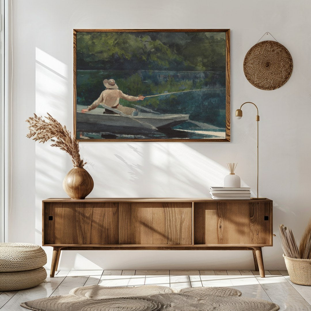 Immerse yourself in the calming and reflective scene of a lone fisherman casting his line amidst for Sitting Area