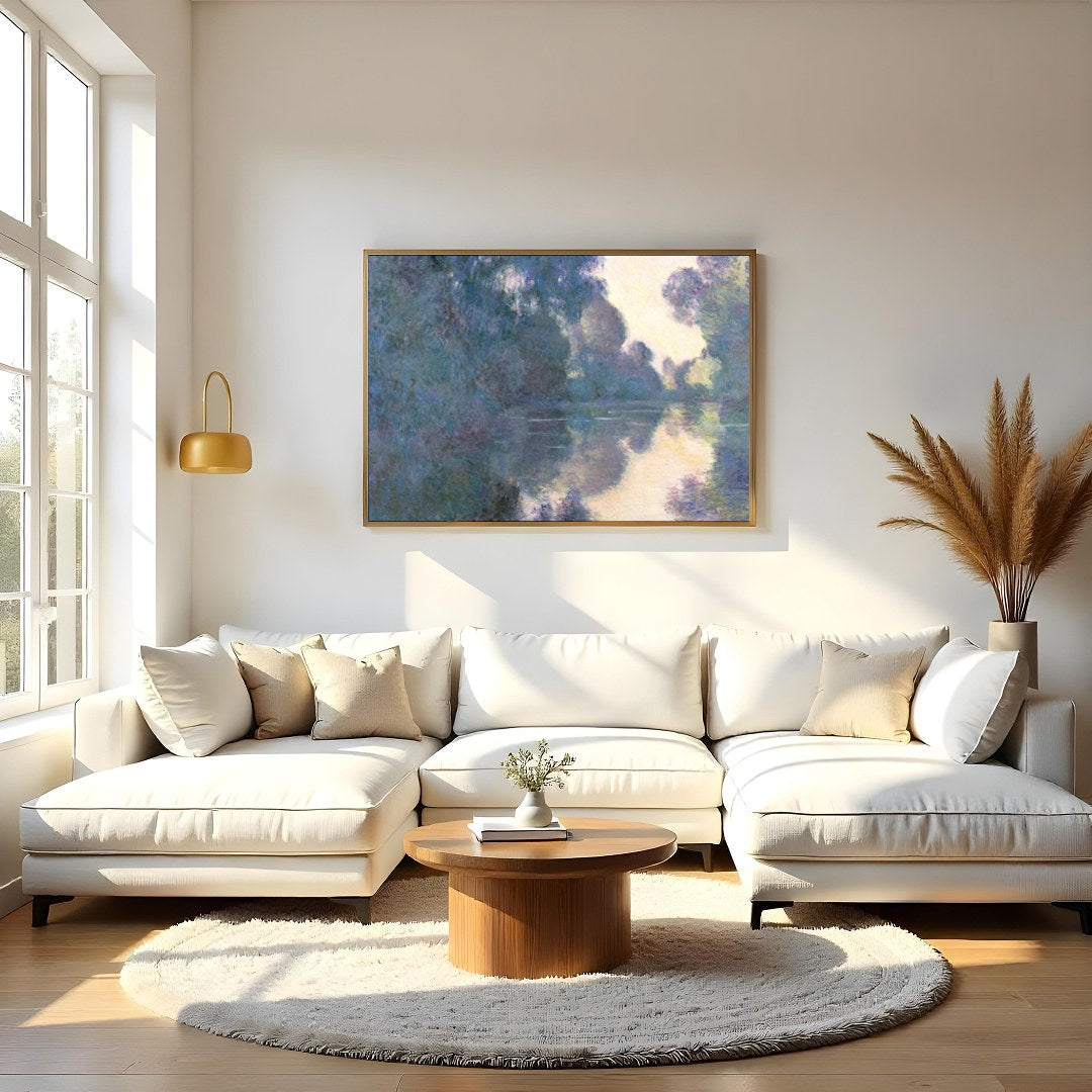 Immerse yourself in the tranquil beauty of 'Serenity on the Water,' a stunning artwork that for Living Room