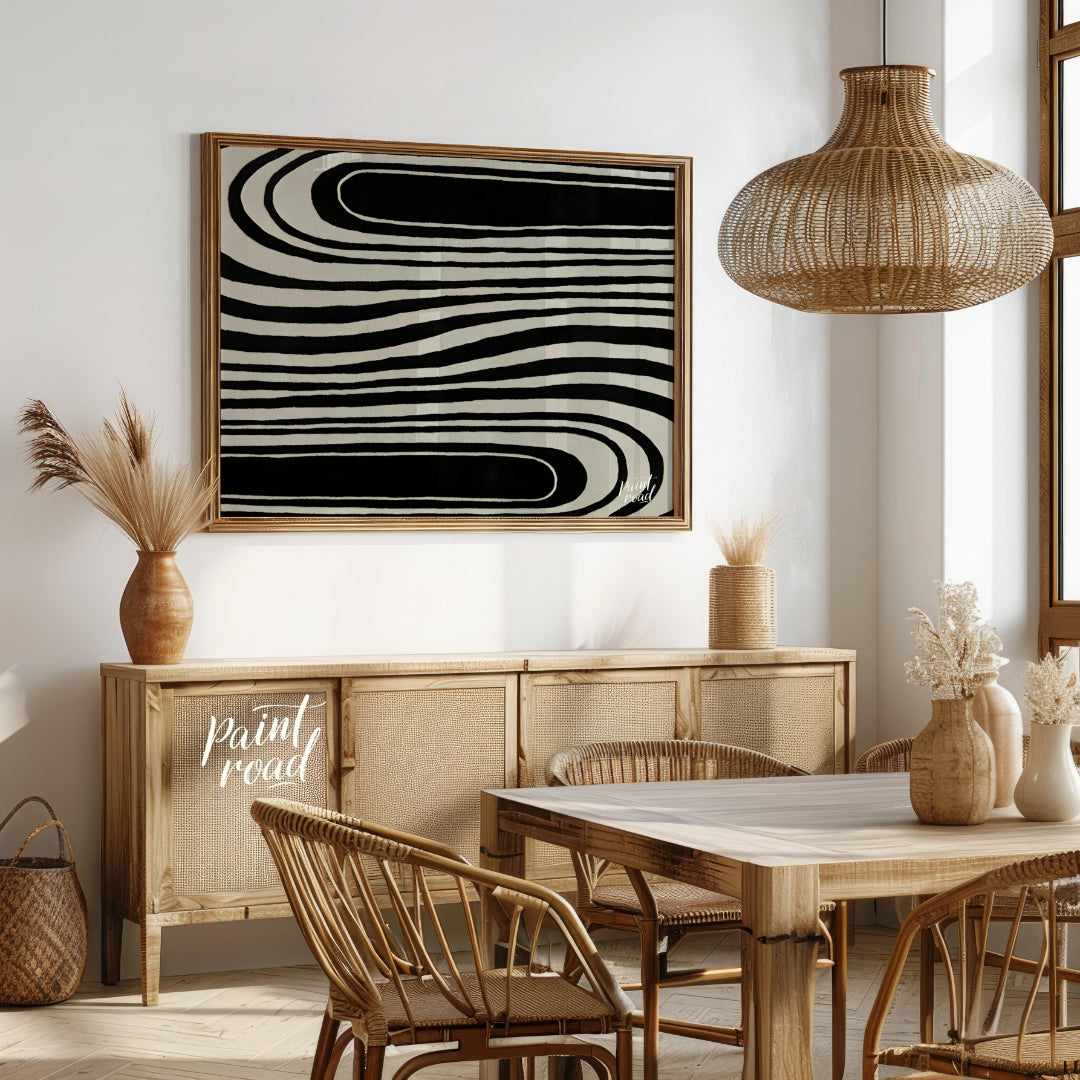 """Serpentine Flow"" captures the dynamic interplay of black and white, creating a mesmerizing visu… for dining room