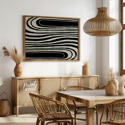 """Serpentine Flow"" captures the dynamic interplay of black and white, creating a mesmerizing visu… for dining room