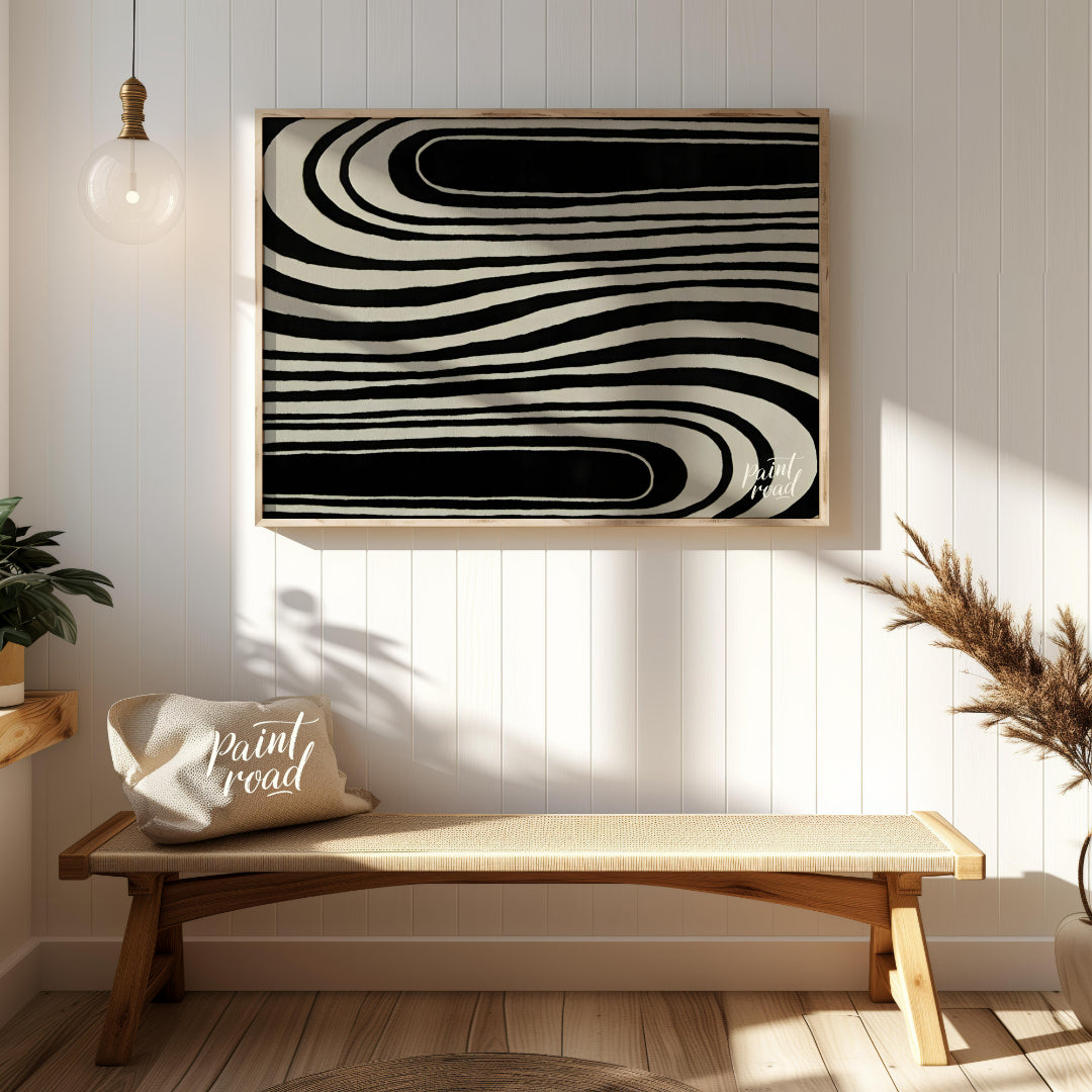 """Serpentine Flow"" captures the dynamic interplay of black and white, creating a mesmerizing visu… for entryway