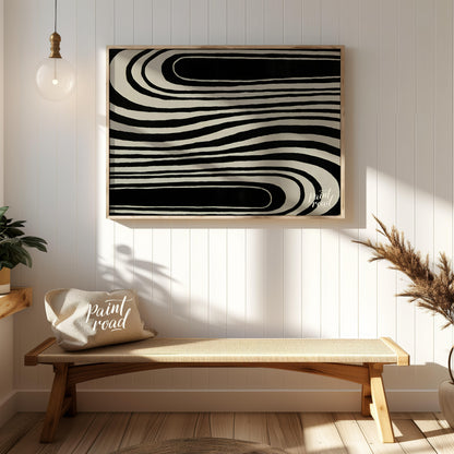 """Serpentine Flow"" captures the dynamic interplay of black and white, creating a mesmerizing visu… for entryway