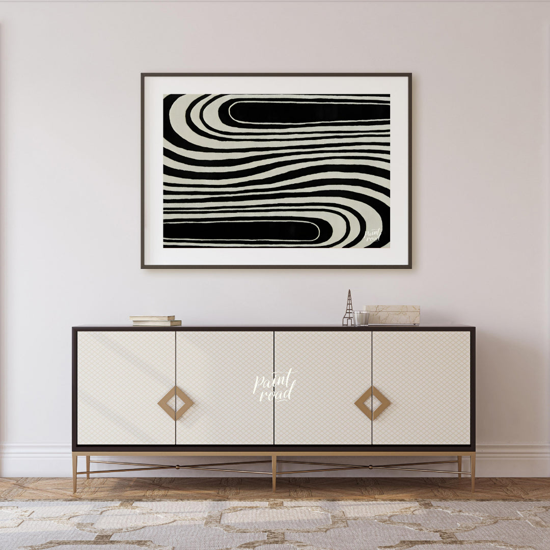"""Serpentine Flow"" captures the dynamic interplay of black and white, creating a mesmerizing visu… for living room