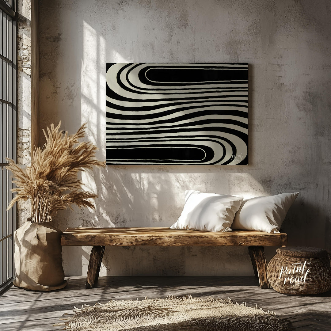 """Serpentine Flow"" captures the dynamic interplay of black and white, creating a mesmerizing visu… for living room