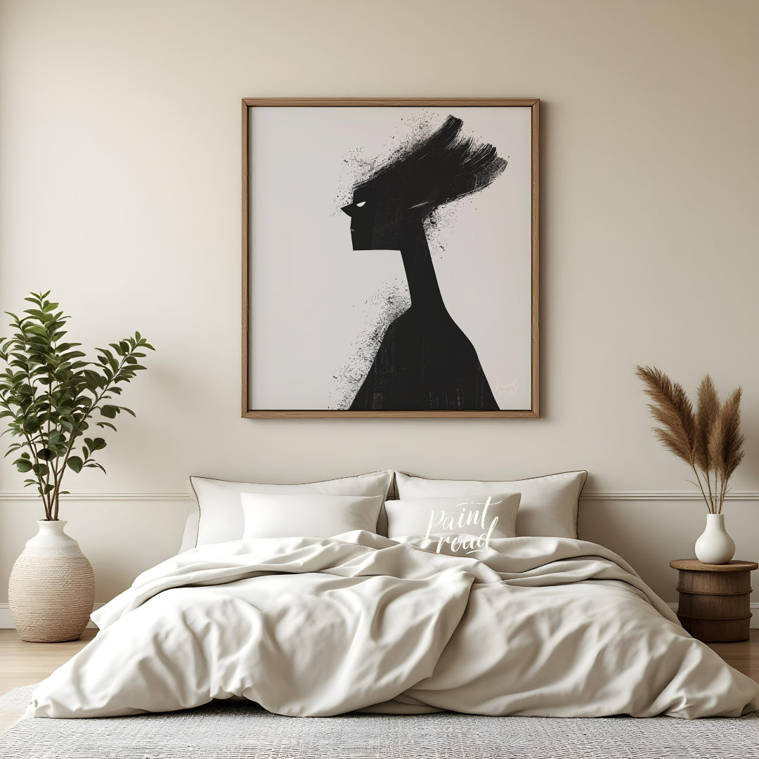 This striking digital artwork features a stylized, silhouetted figure rendered in stark black again… for bedroom