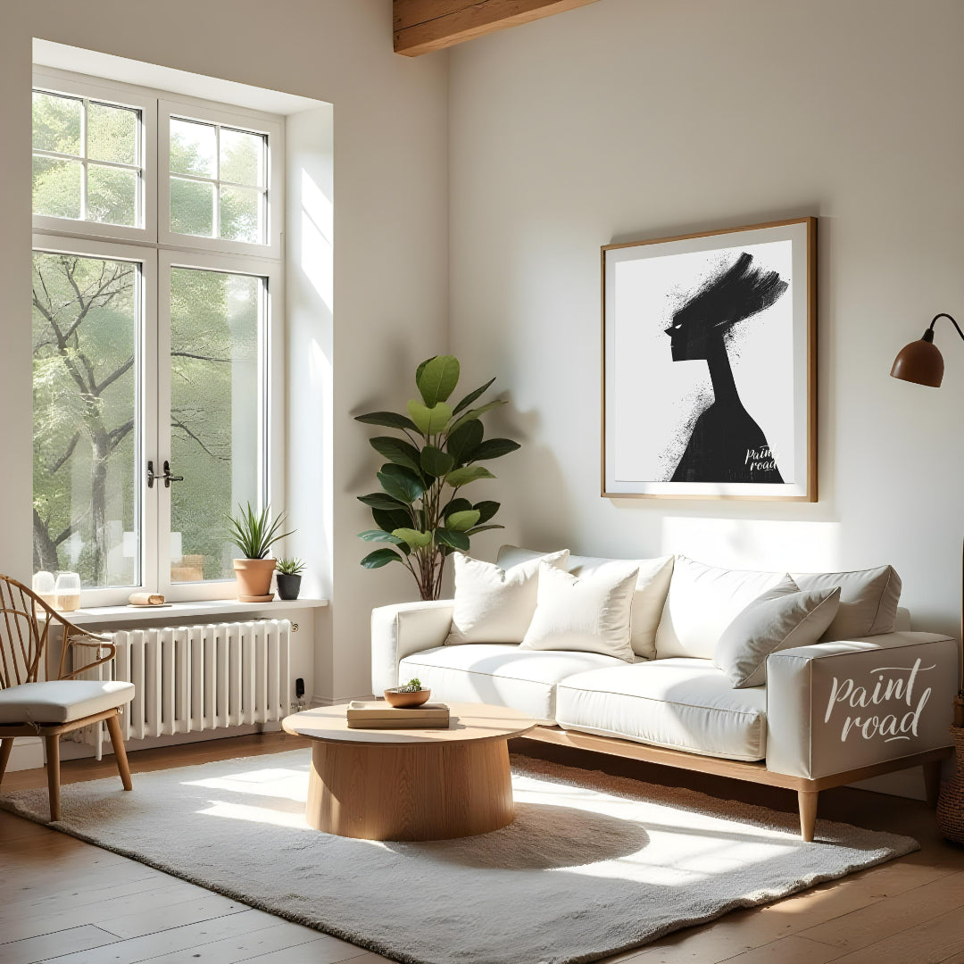 This striking digital artwork features a stylized, silhouetted figure rendered in stark black again… for living room