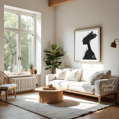 This striking digital artwork features a stylized, silhouetted figure rendered in stark black again… for living room