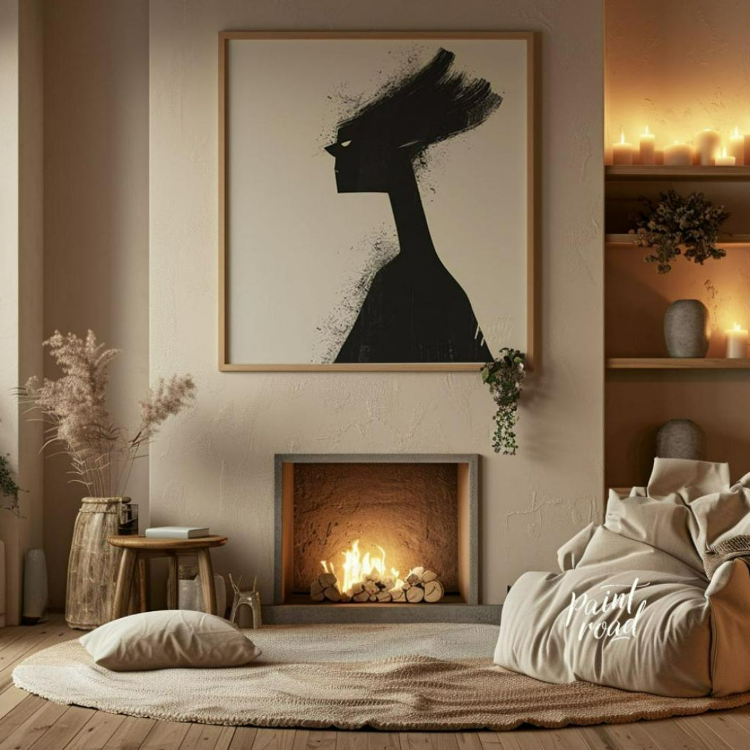 This striking digital artwork features a stylized, silhouetted figure rendered in stark black again… for living room