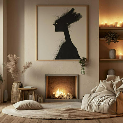 This striking digital artwork features a stylized, silhouetted figure rendered in stark black again… for living room